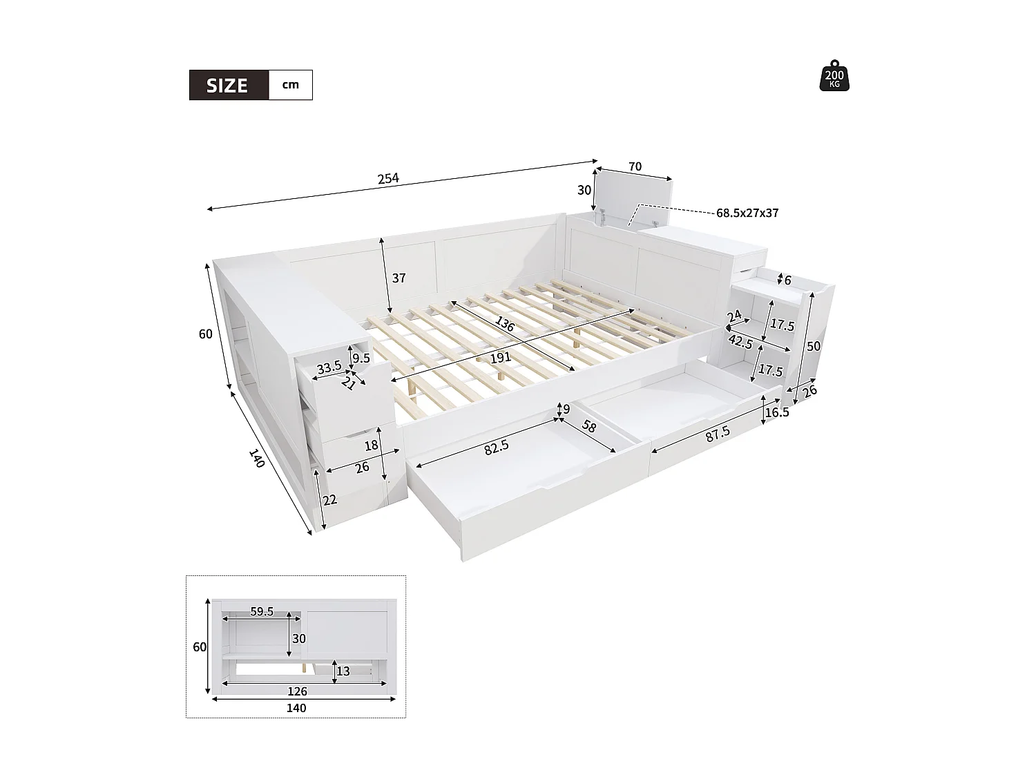Children's sofa bed 140x190 cm - with drawers, shelves and storage space - MDF - White (mattress not included)