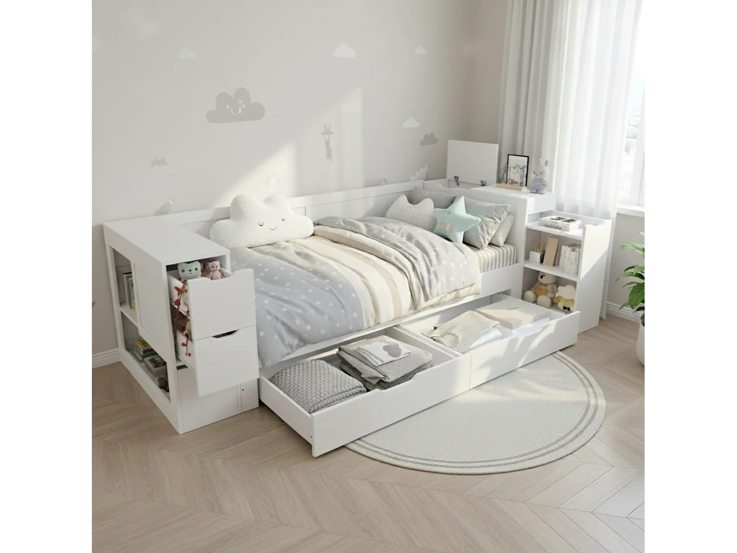 Children's sofa bed 140x190 cm - with drawers, shelves and storage space - MDF - White (mattress not included)