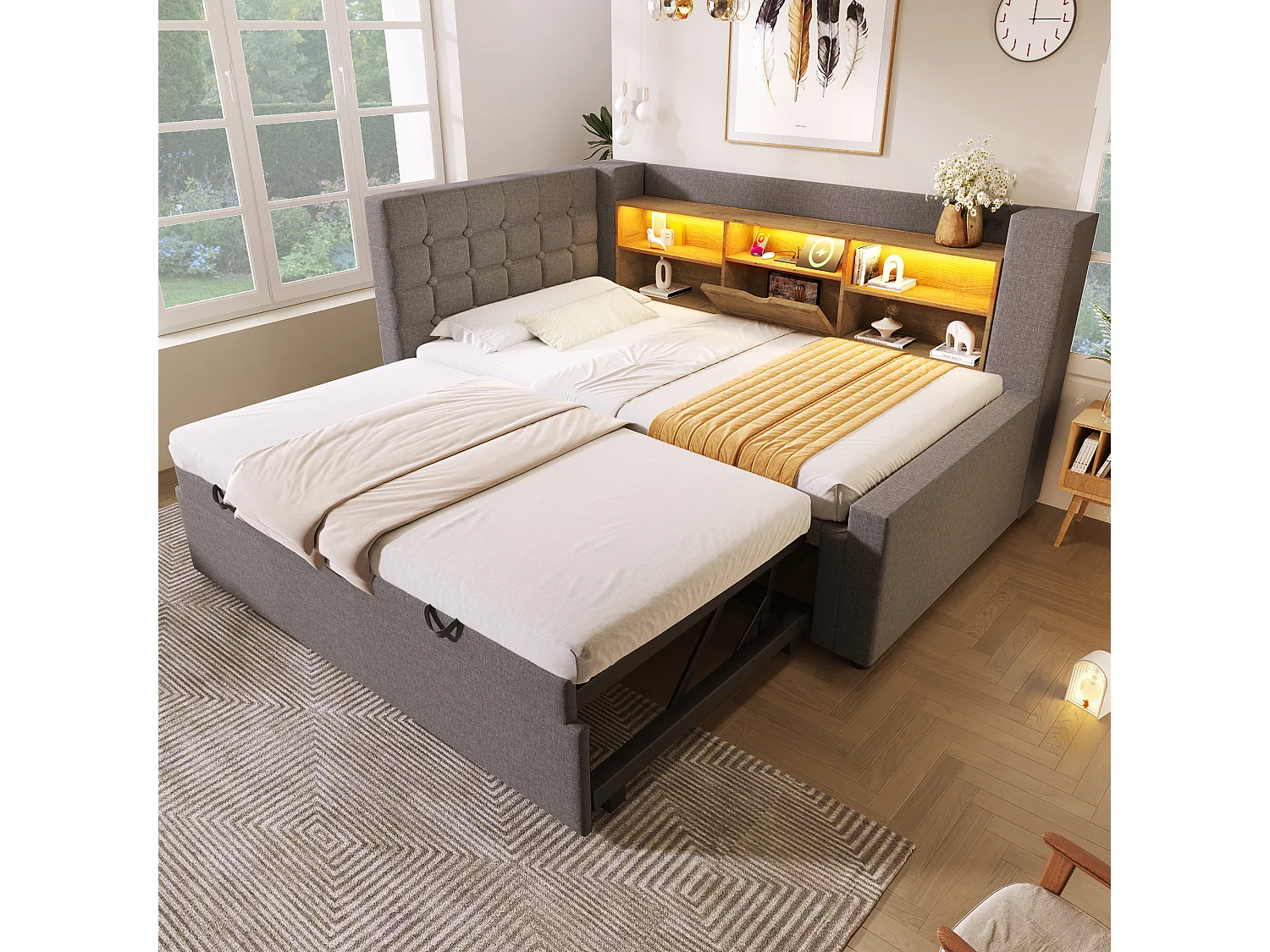 Sofa bed 90x200cm - with pull-out bed - with LED lighting and storage space - with USB - linen fabric - grey (mattress not included)