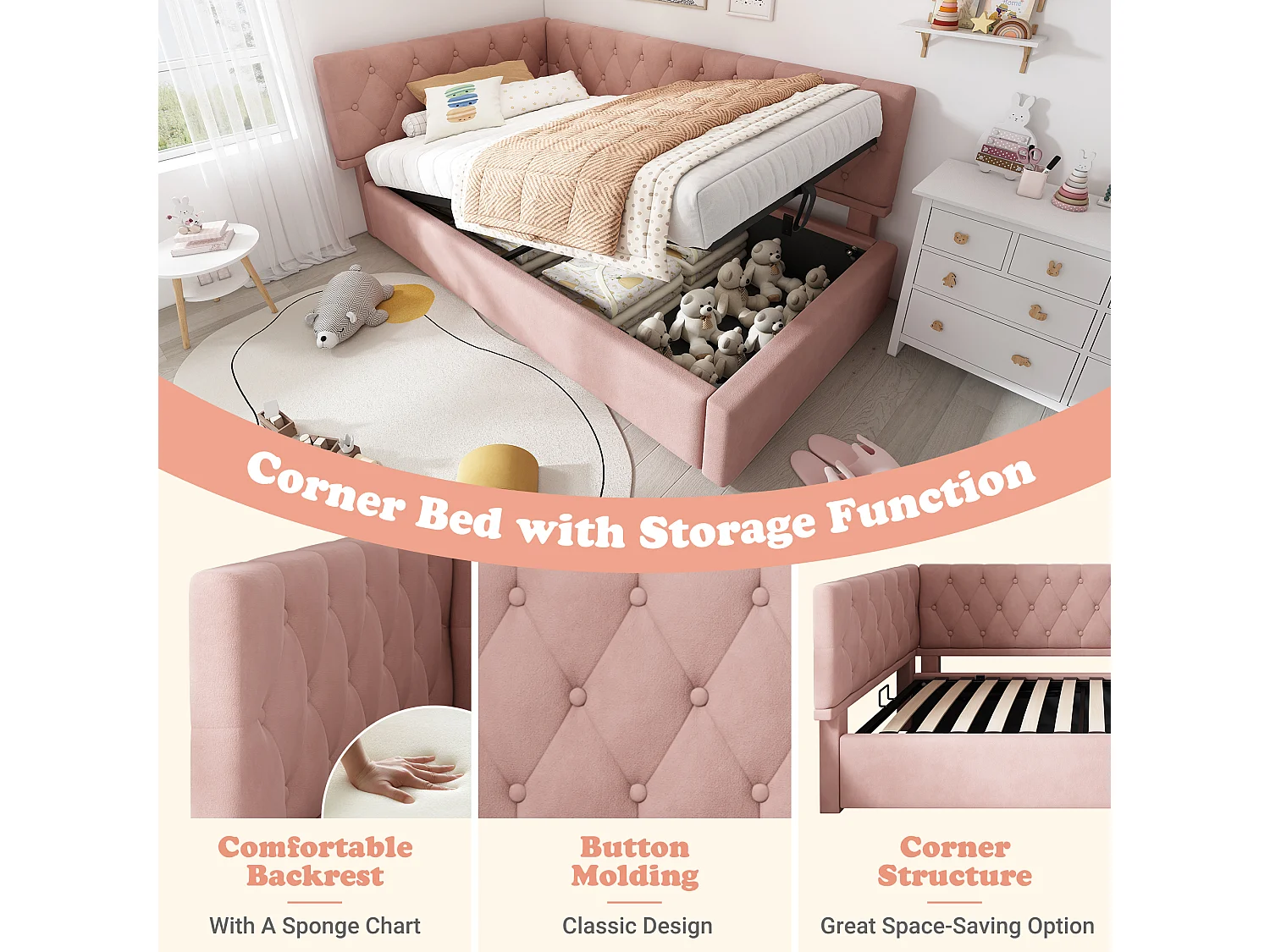 Sofa bed with storage 90x190 cm - with storage - velvet fabric - with slatted base - Pink (mattress not included)