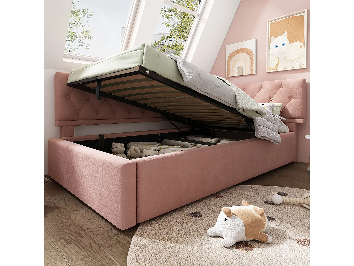 Sofa bed with storage 90x190 cm - with storage - velvet fabric - with slatted base - Pink (mattress not included)