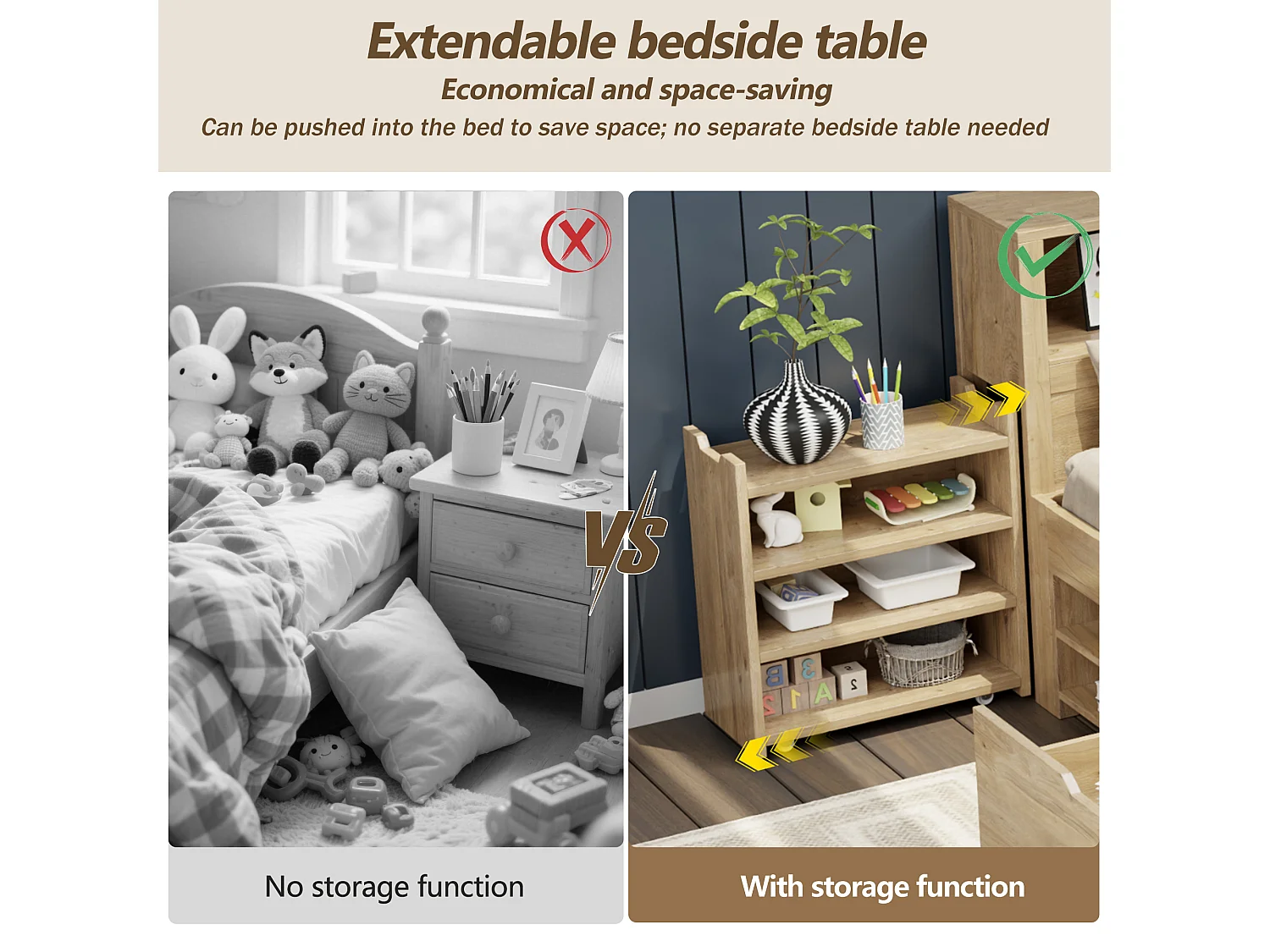 Children's bed 140x200 cm - with 1 drawer - with bookcase and storage - slatted base - natural (mattress not included)