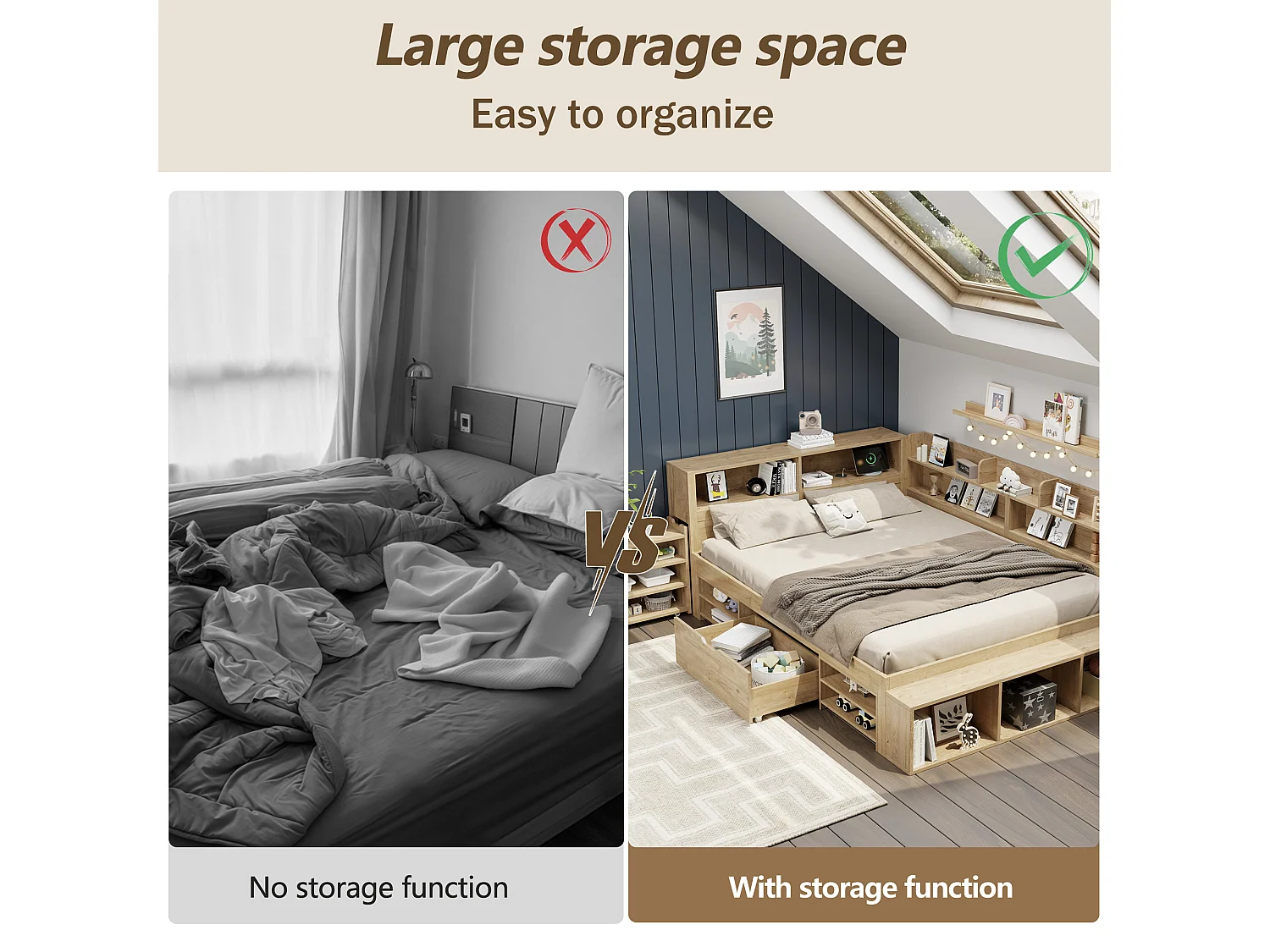 Children's bed 140x200 cm - with 1 drawer - with bookcase and storage - slatted base - natural (mattress not included)