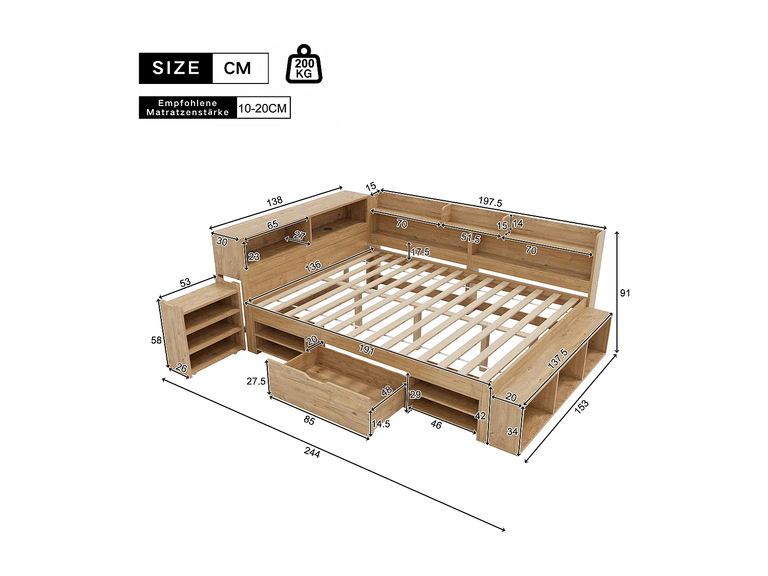Children's bed 140x200 cm - with 1 drawer - with bookcase and storage - slatted base - natural (mattress not included)