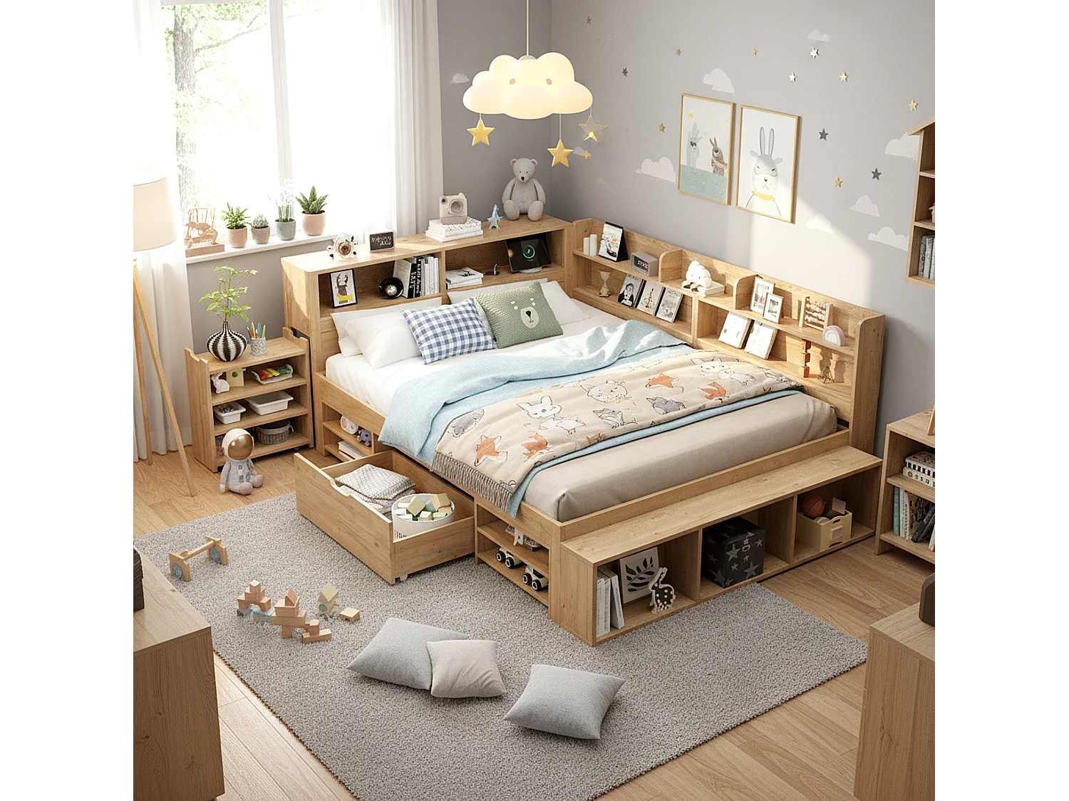 Children's bed 140x200 cm - with 1 drawer - with bookcase and storage - slatted base - natural (mattress not included)