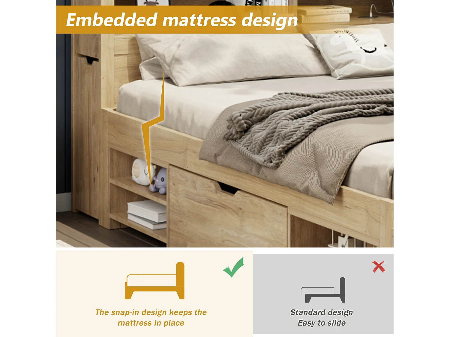 Children's bed 90x200 cm - with 1 drawer - with bookcase and storage - slatted base - natural (mattress not included)