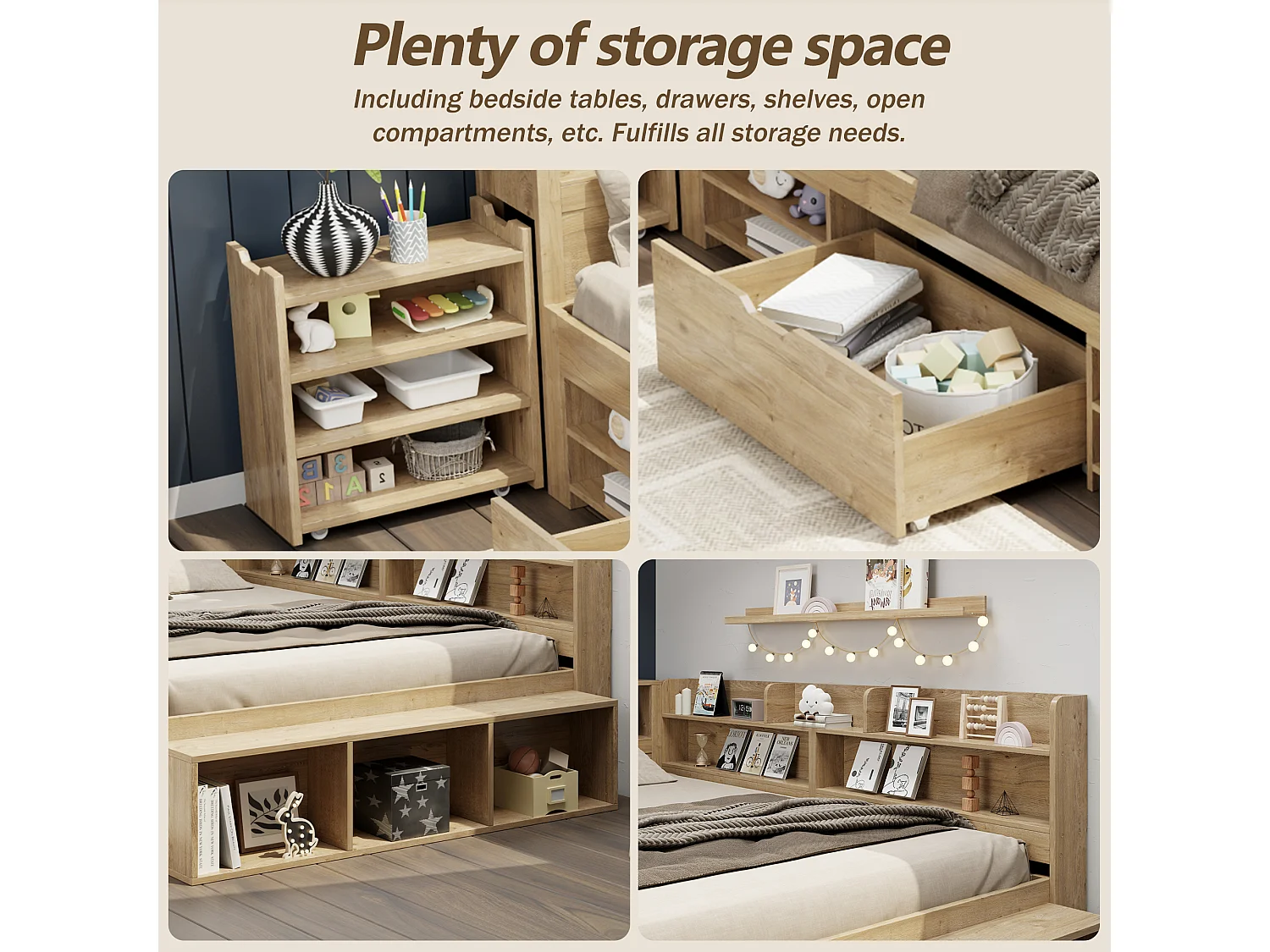 Children's bed 90x200 cm - with 1 drawer - with bookcase and storage - slatted base - natural (mattress not included)