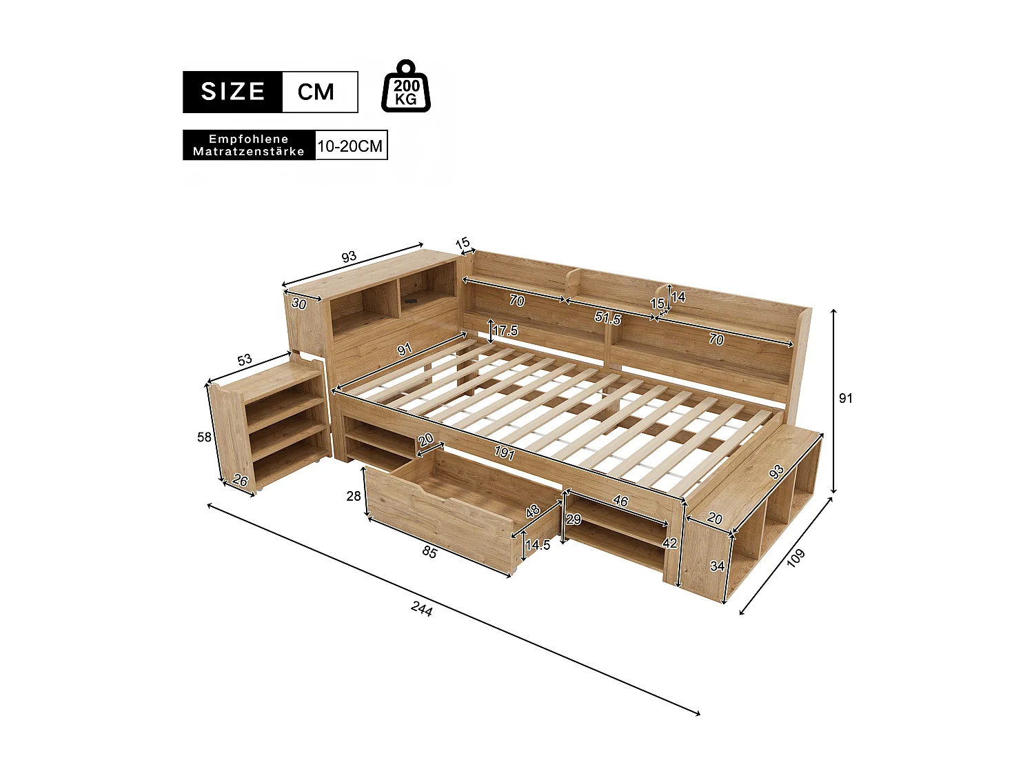 Children's bed 90x200 cm - with 1 drawer - with bookcase and storage - slatted base - natural (mattress not included)
