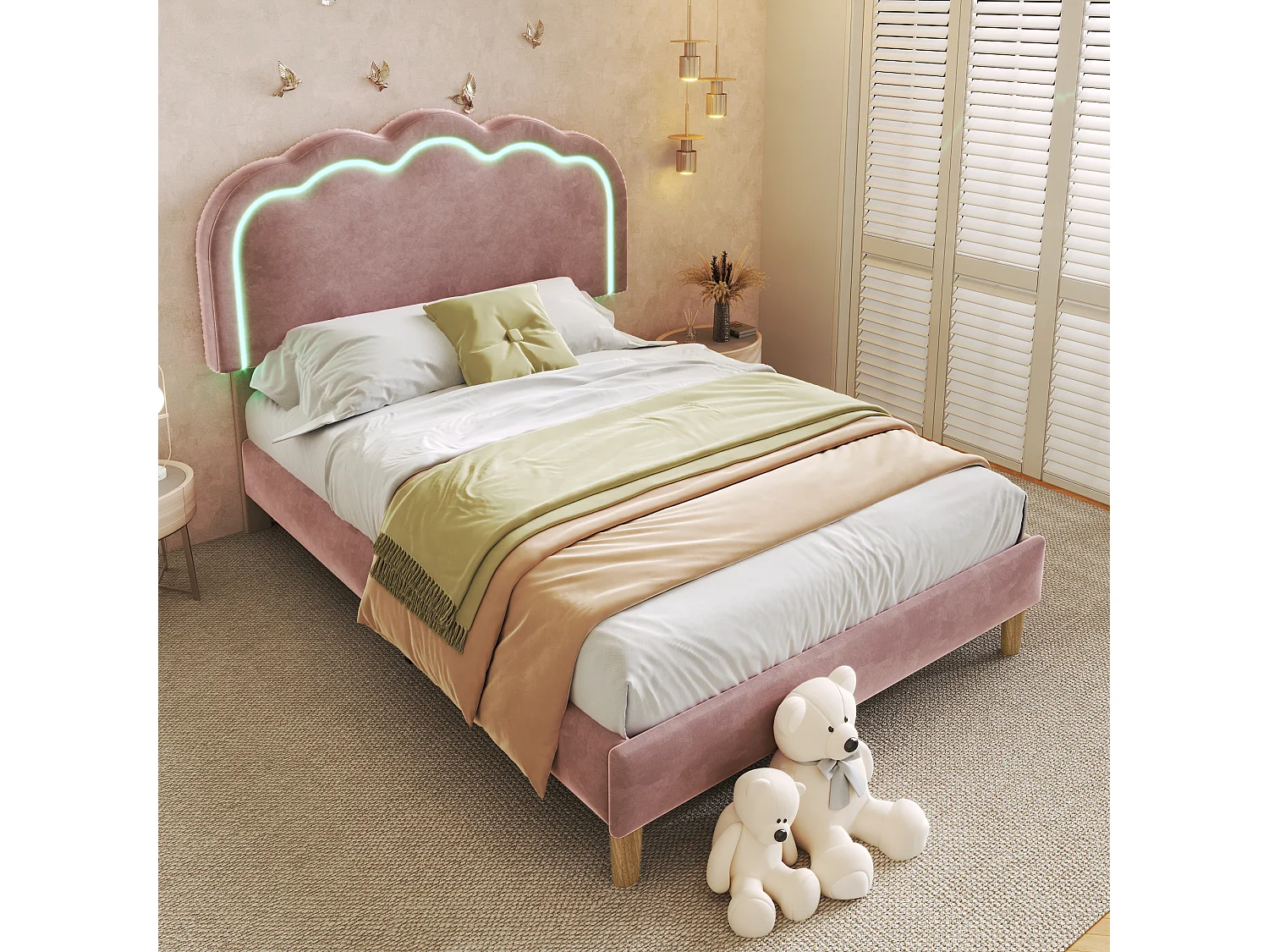 90x190cm Bed Upholstered in Velvet - with LED and Slatted Base - Pink