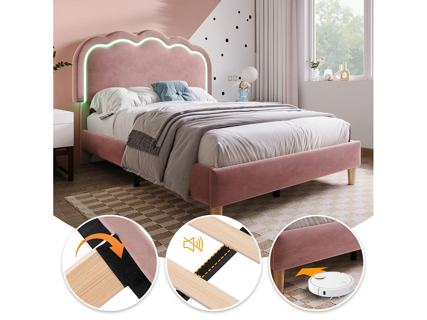 90x190cm Bed Upholstered in Velvet - with LED and Slatted Base - Pink