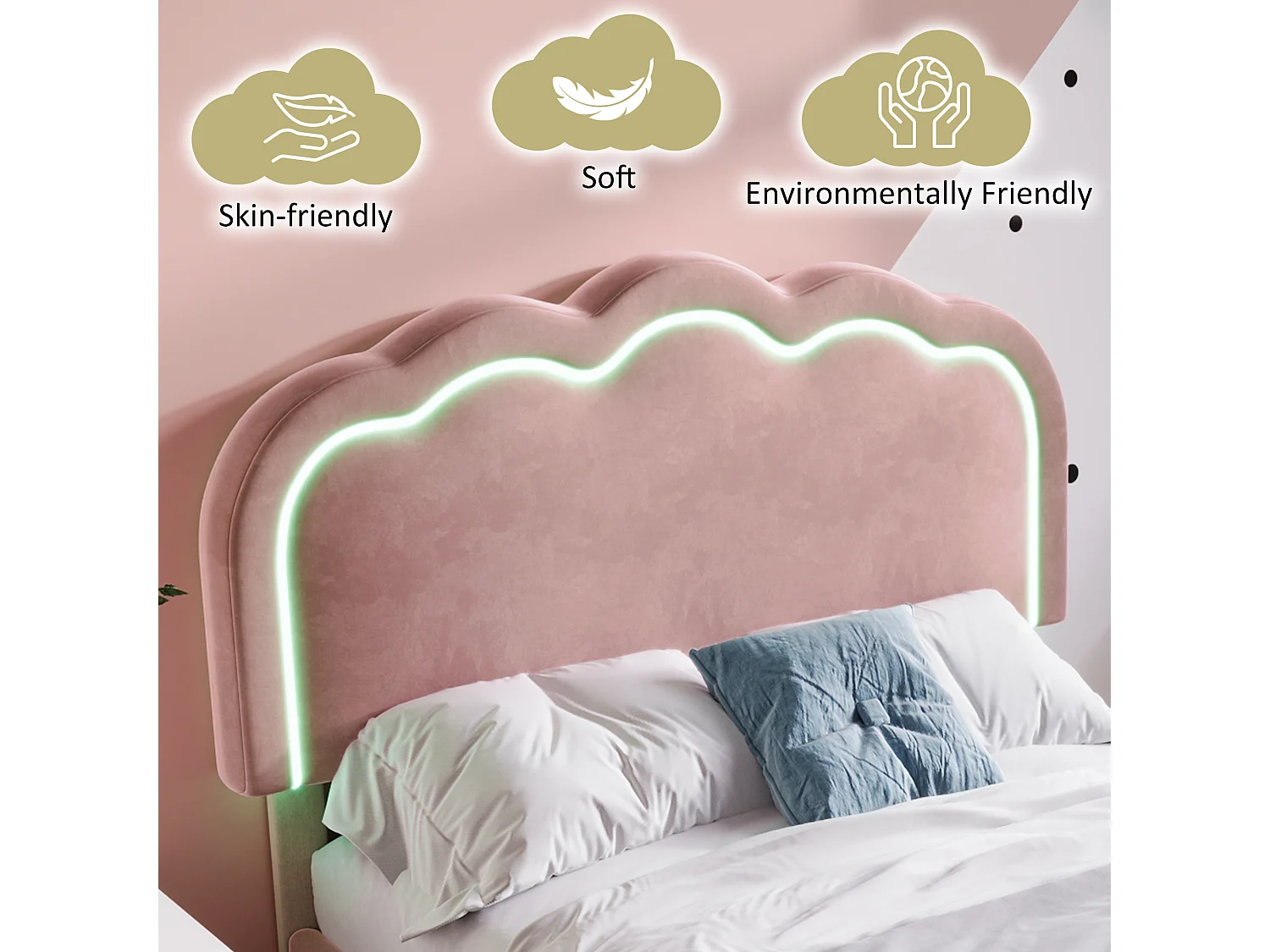 90x190cm Bed Upholstered in Velvet - with LED and Slatted Base - Pink