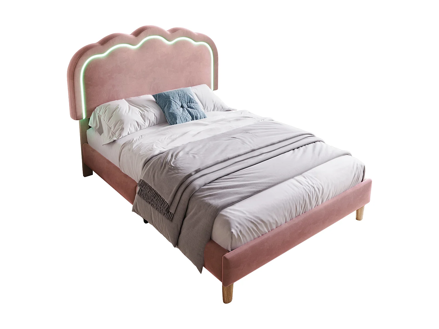 90x190cm Bed Upholstered in Velvet - with LED and Slatted Base - Pink