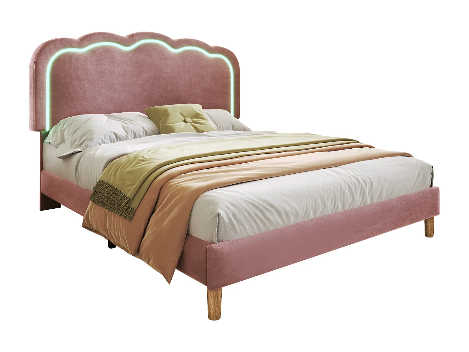 90x190cm Bed Upholstered in Velvet - with LED and Slatted Base - Pink