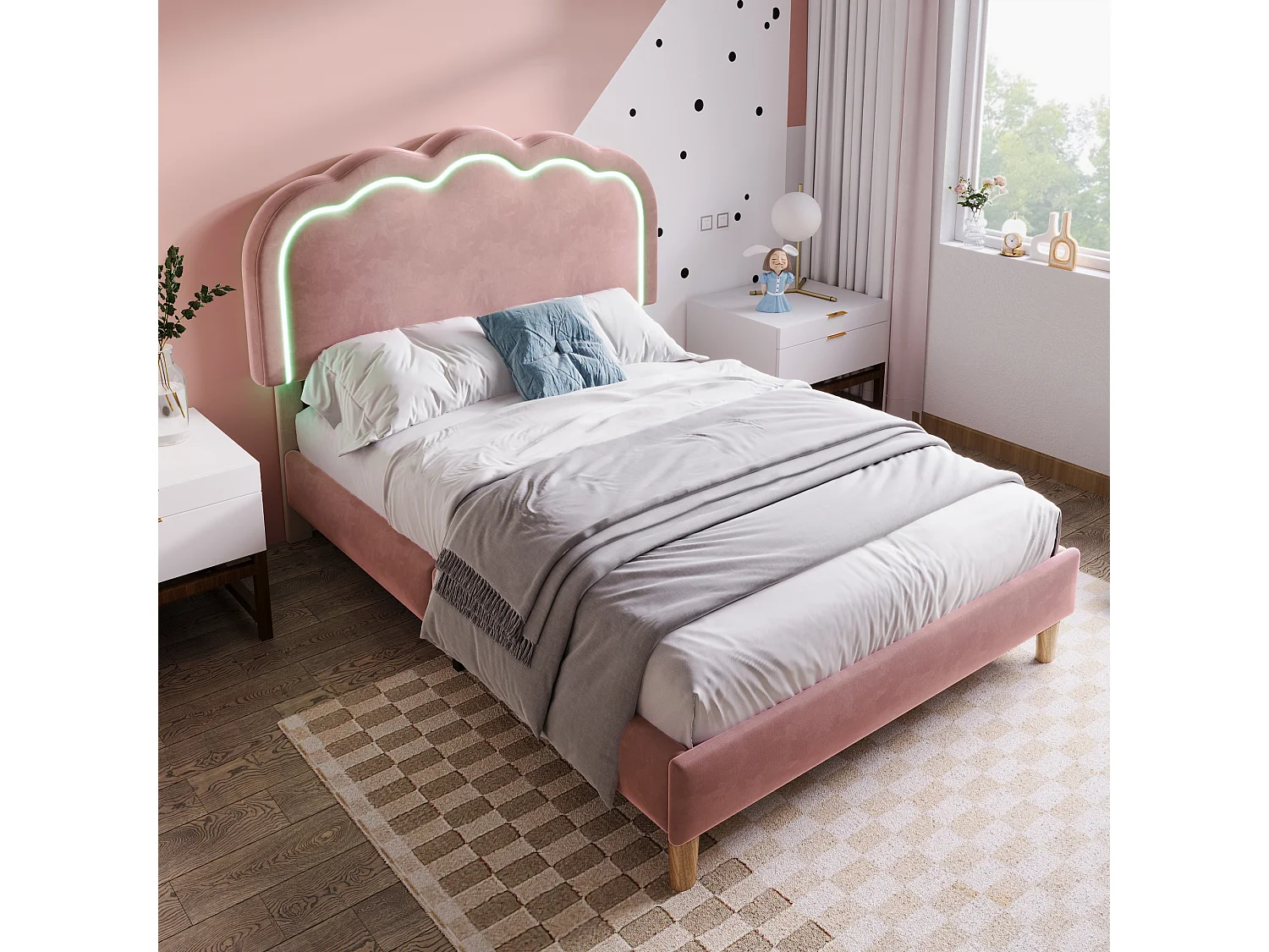 90x190cm Bed Upholstered in Velvet - with LED and Slatted Base - Pink