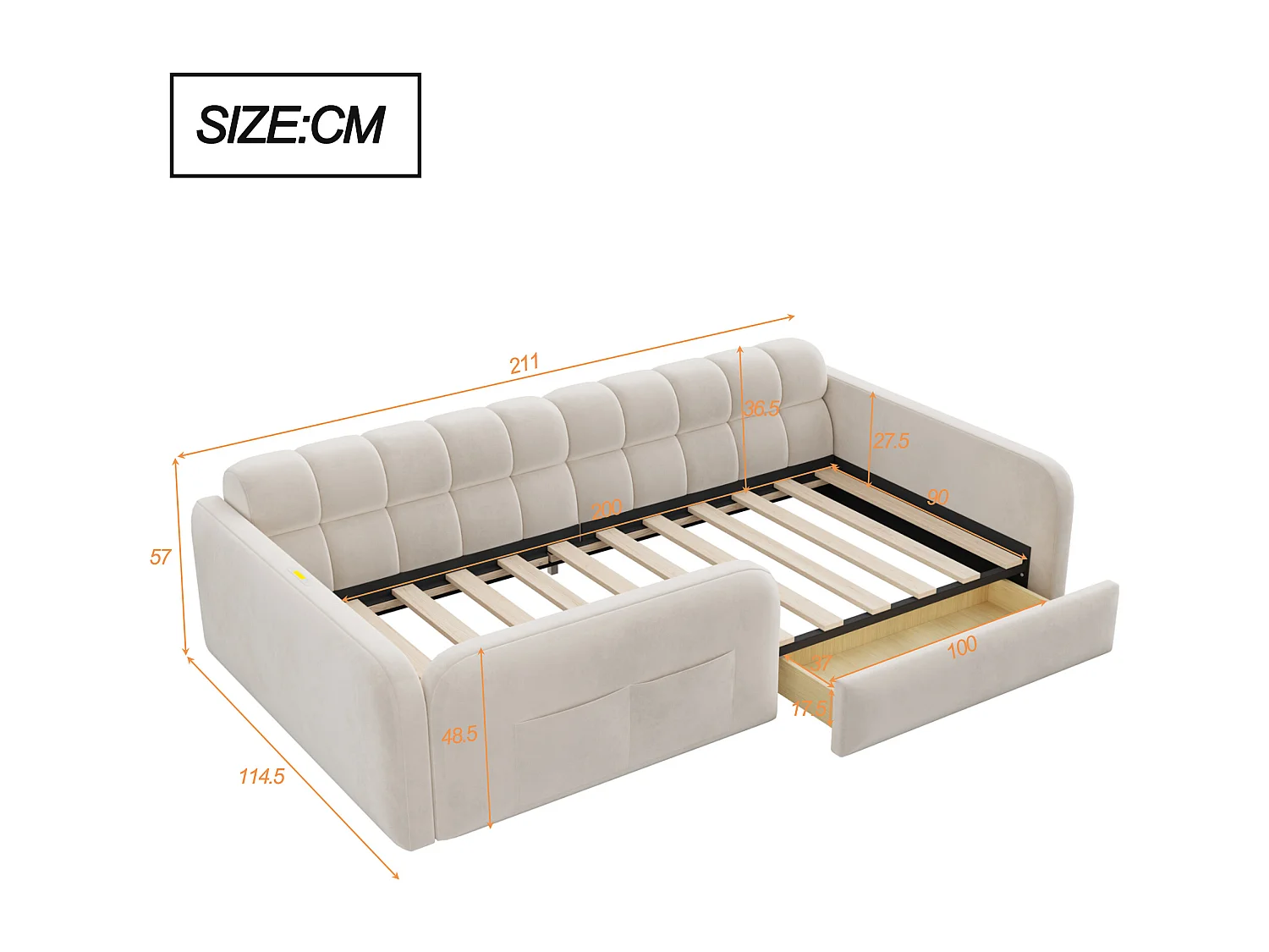 Gepolstertes Kinderbett 90x200 cm - mit Ladeanschluss - mit 1 Schublade - Samt - Beige (ohne Matratze)