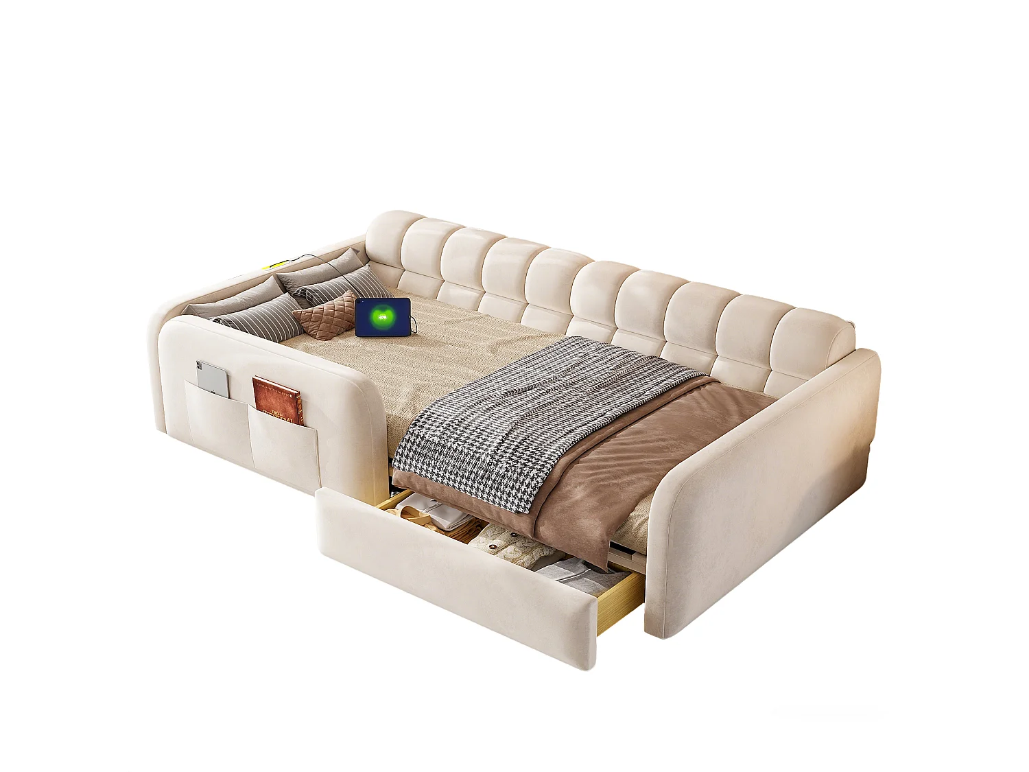 Gepolstertes Kinderbett 90x200 cm - mit Ladeanschluss - mit 1 Schublade - Samt - Beige (ohne Matratze)