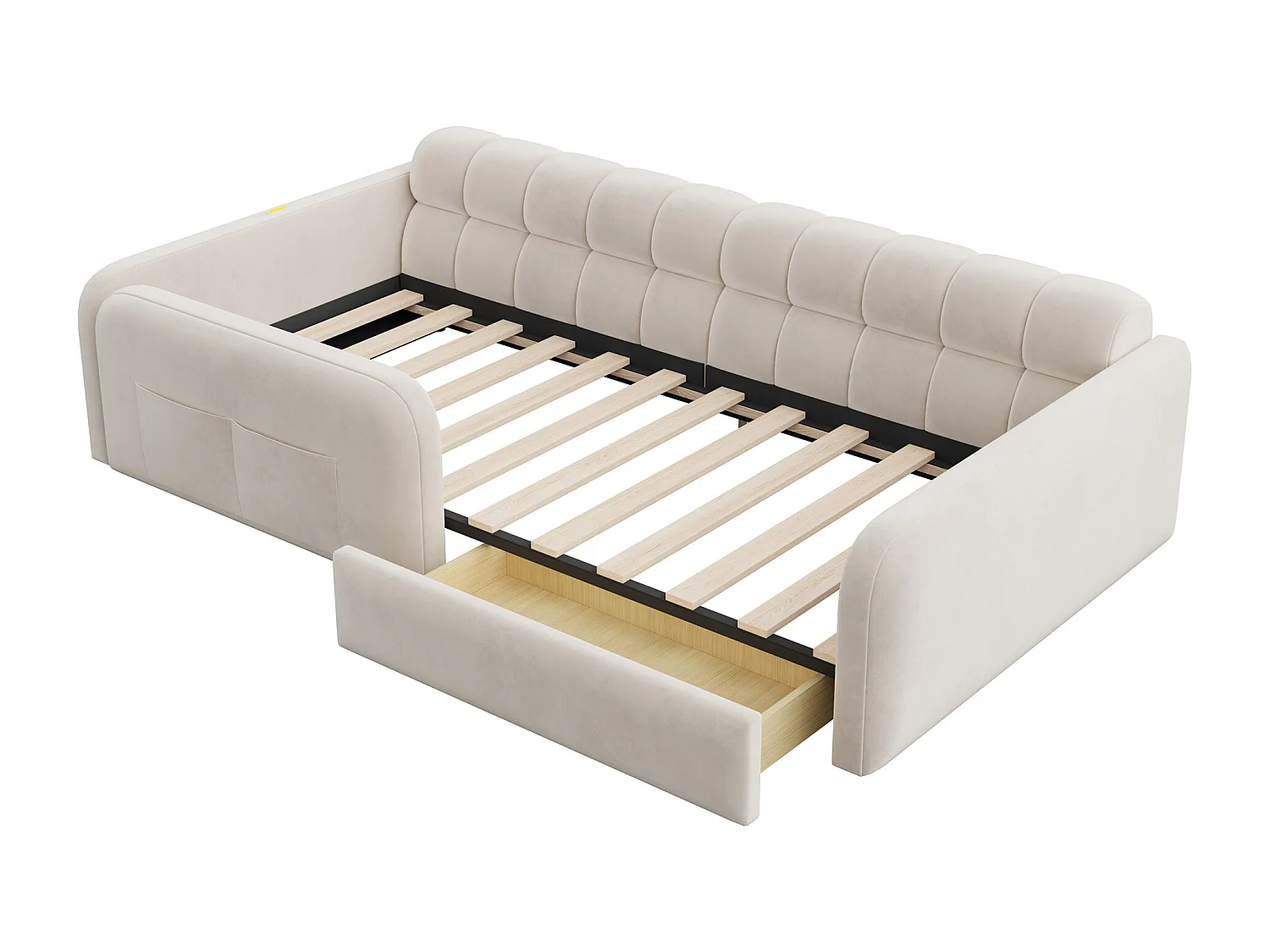 Gepolstertes Kinderbett 90x200 cm - mit Ladeanschluss - mit 1 Schublade - Samt - Beige (ohne Matratze)