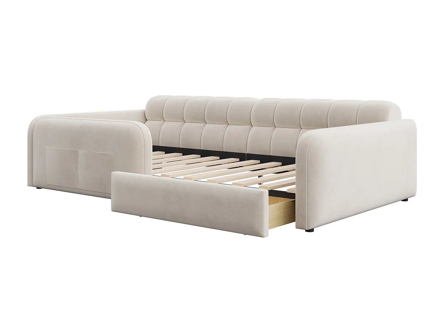 Gepolstertes Kinderbett 90x200 cm - mit Ladeanschluss - mit 1 Schublade - Samt - Beige (ohne Matratze)