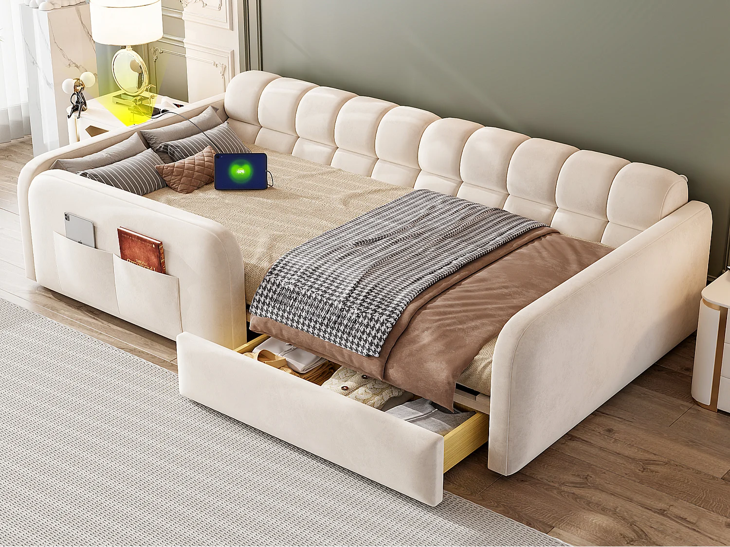 Gepolstertes Kinderbett 90x200 cm - mit Ladeanschluss - mit 1 Schublade - Samt - Beige (ohne Matratze)