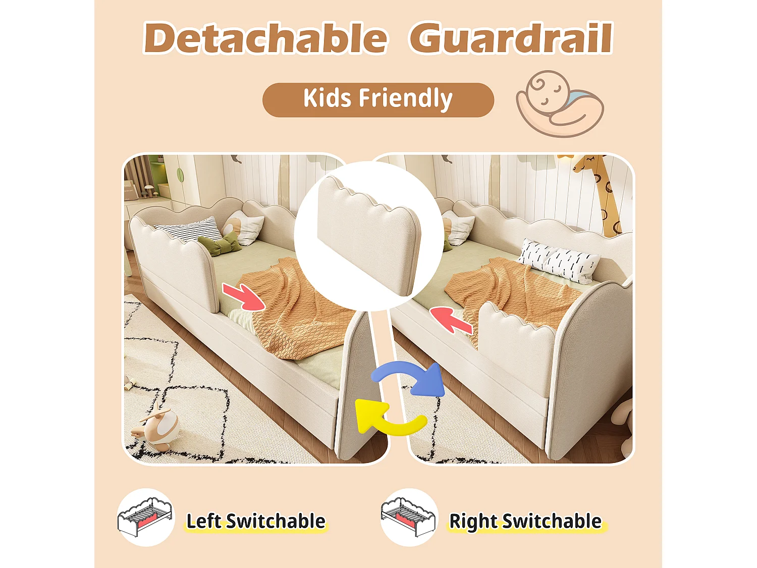 Sofa bed 90x190 cm - with pull-out bed 90x190 cm - wave design - with slatted base - Linen - Beige (mattress not included)