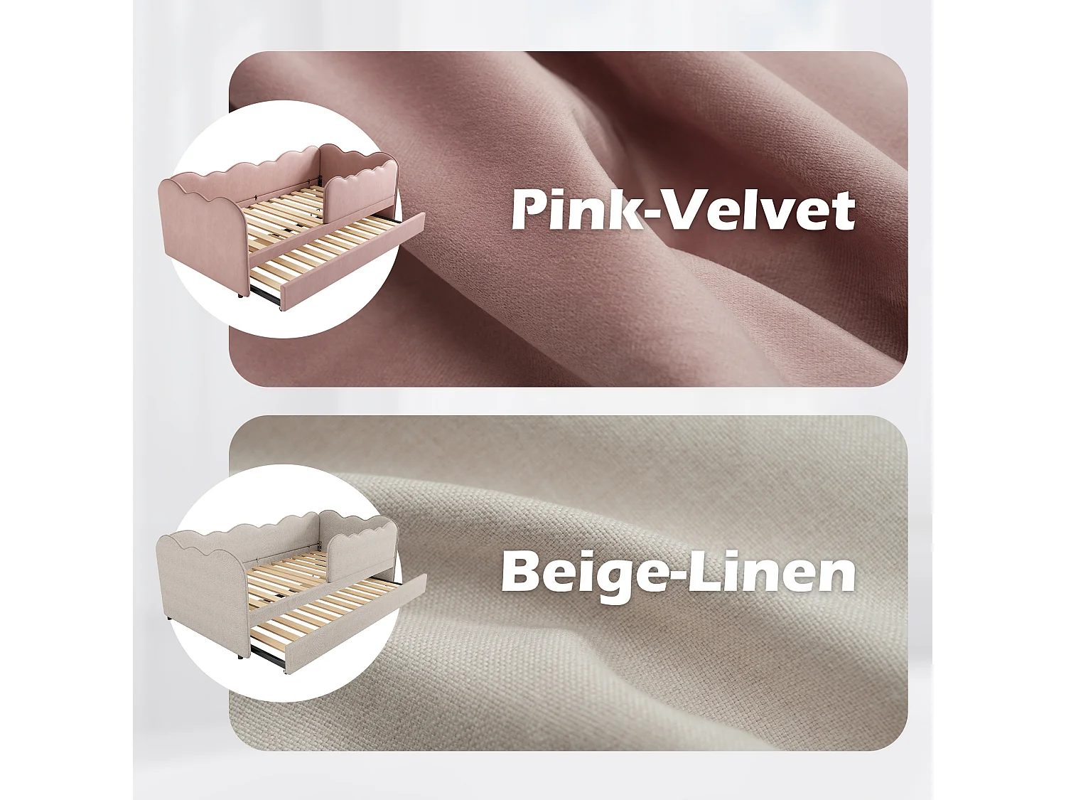 Sofa bed 90x190 cm - with pull-out bed 90x190 cm - wave design - with slatted base - Linen - Beige (mattress not included)