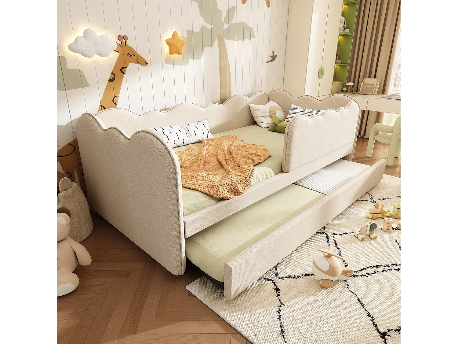 Sofa bed 90x190 cm - with pull-out bed 90x190 cm - wave design - with slatted base - Linen - Beige (mattress not included)