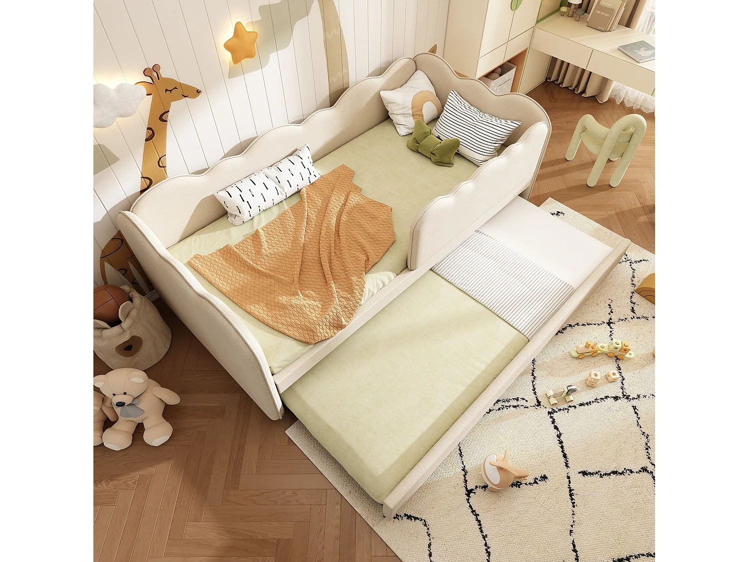 Sofa bed 90x190 cm - with pull-out bed 90x190 cm - wave design - with slatted base - Linen - Beige (mattress not included)