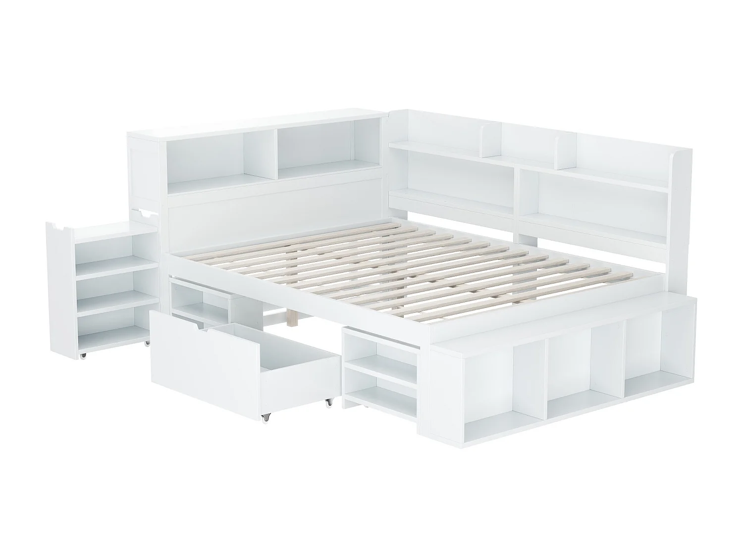 Bed 135x190cm in MDF - with drawers and shelves - with small removable bookcase - with slatted base - White (mattress not included)