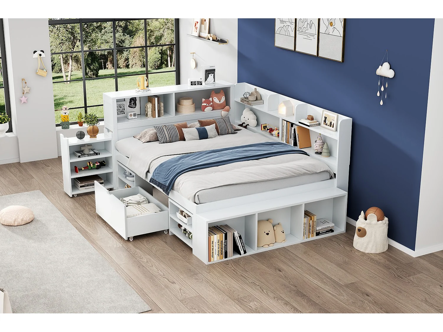 Bed 135x190cm in MDF - with drawers and shelves - with small removable bookcase - with slatted base - White (mattress not included)
