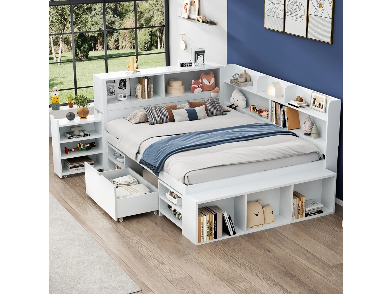 Bed 135x190cm in MDF - with drawers and shelves - with small removable bookcase - with slatted base - White (mattress not included)