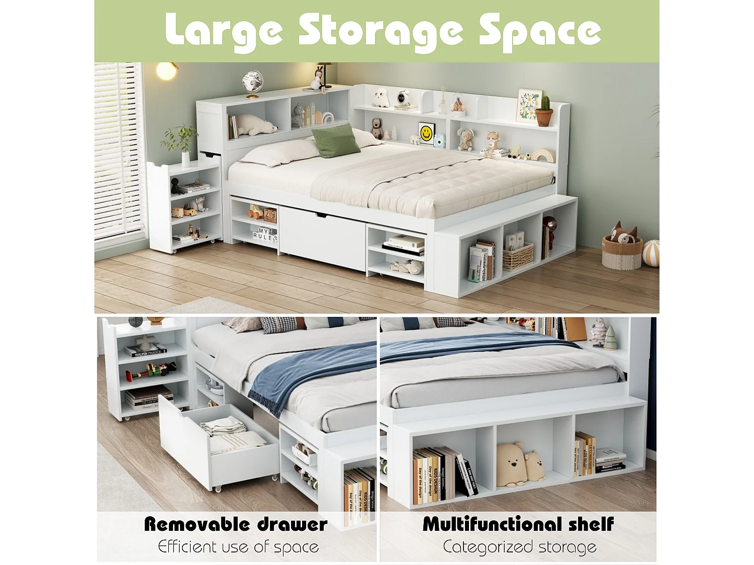 Bed 135x190cm in MDF - with drawers and shelves - with small removable bookcase - with slatted base - White (mattress not included)