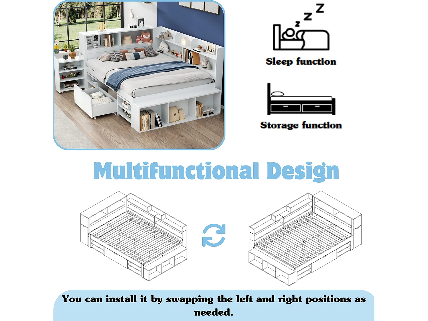 Bed 135x190cm in MDF - with drawers and shelves - with small removable bookcase - with slatted base - White (mattress not included)