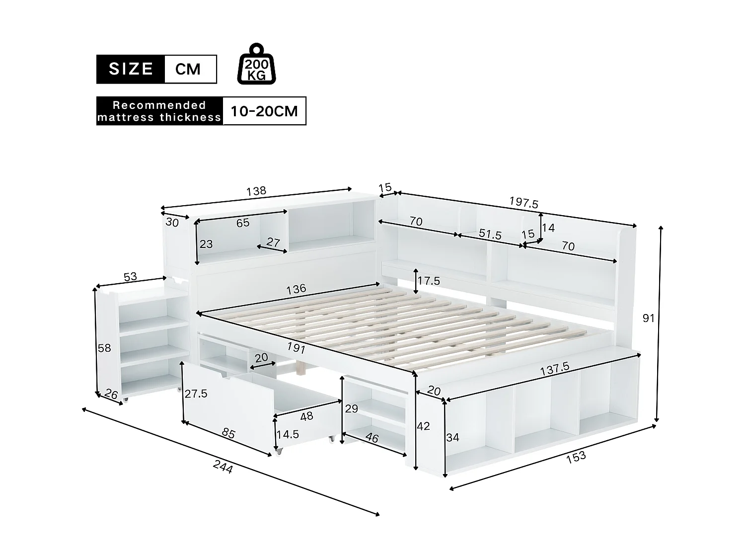 Bed 135x190cm in MDF - with drawers and shelves - with small removable bookcase - with slatted base - White (mattress not included)