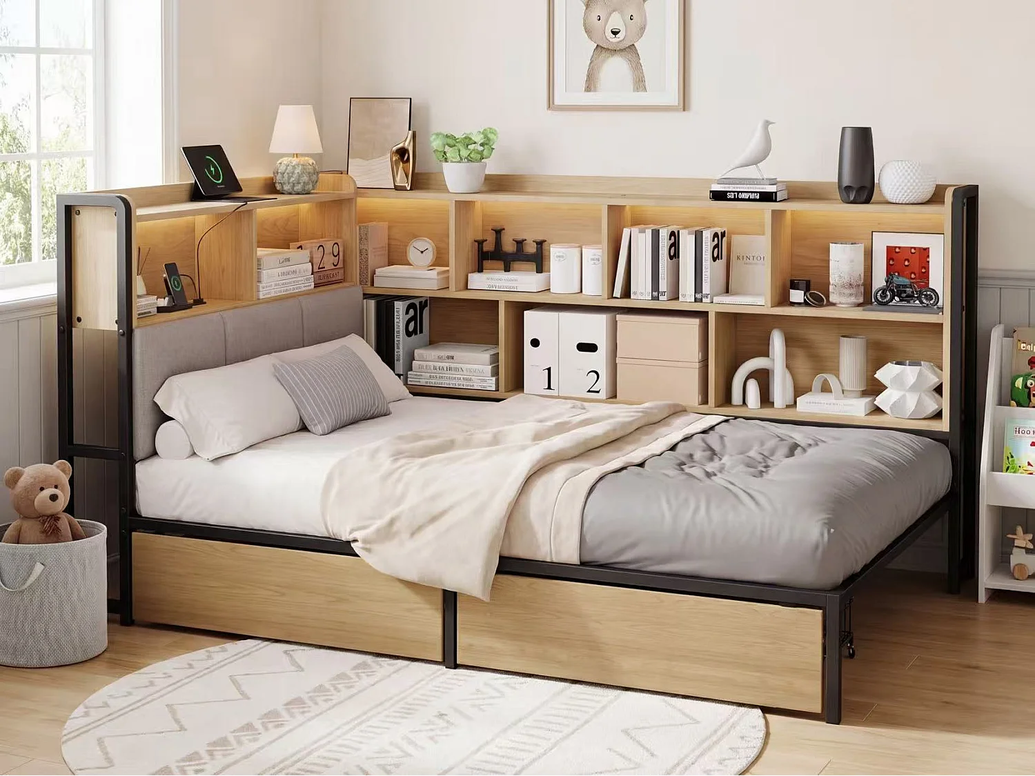 Polsterbett 90x200 cm - Mit LED und USB-Anschluss - 2 Schubladen und Stauraumfächer - MDF - Natur (ohne Matratze)
