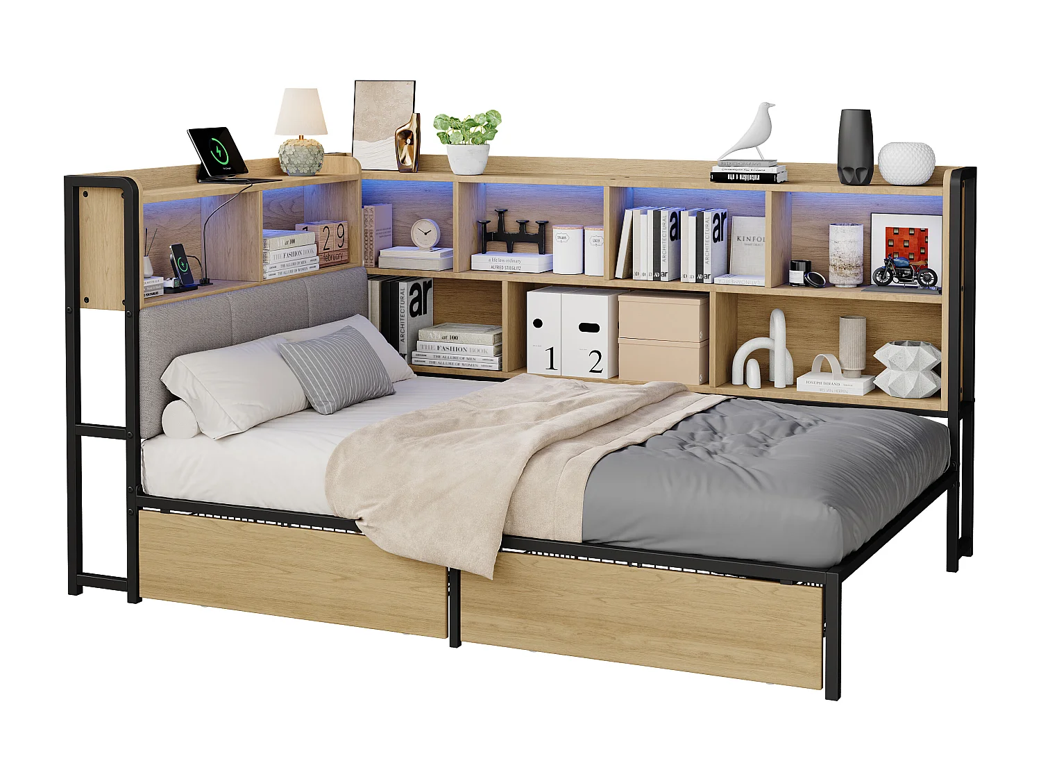 Polsterbett 90x200 cm - Mit LED und USB-Anschluss - 2 Schubladen und Stauraumfächer - MDF - Natur (ohne Matratze)