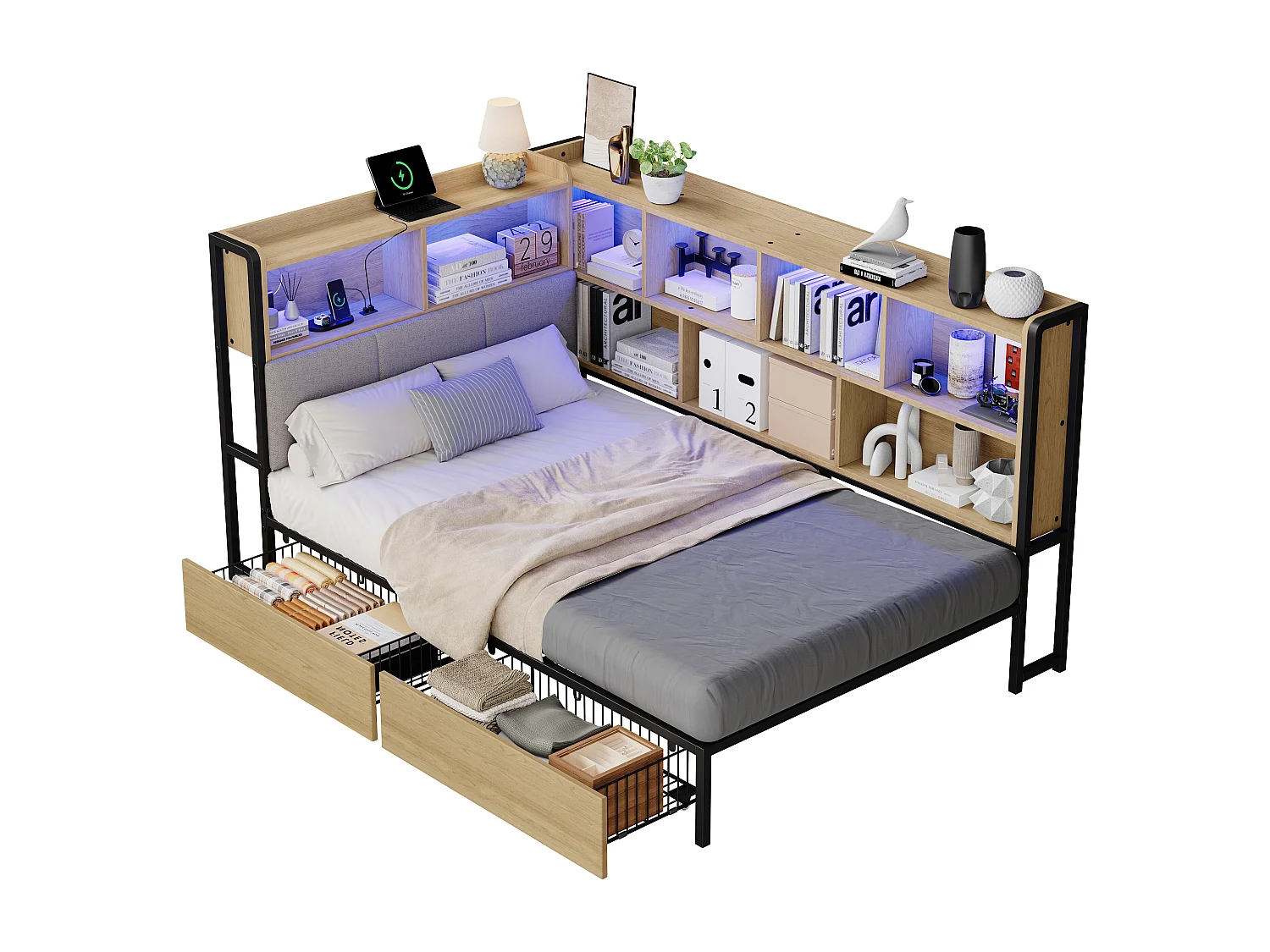Polsterbett 90x200 cm - Mit LED und USB-Anschluss - 2 Schubladen und Stauraumfächer - MDF - Natur (ohne Matratze)