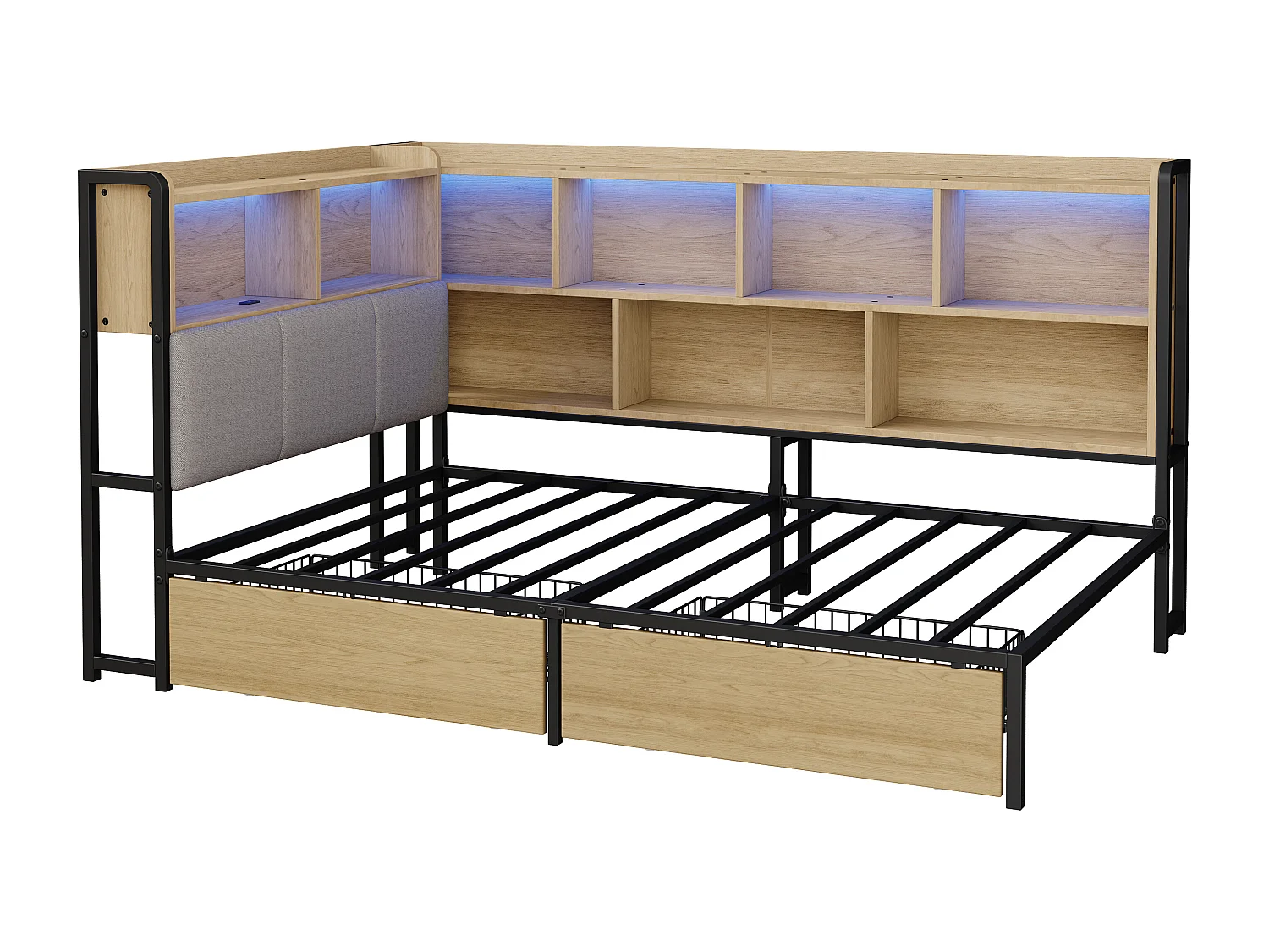 Polsterbett 90x200 cm - Mit LED und USB-Anschluss - 2 Schubladen und Stauraumfächer - MDF - Natur (ohne Matratze)