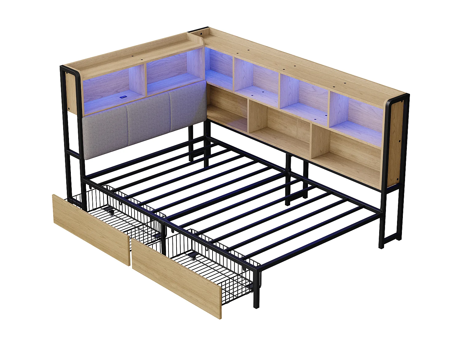 Polsterbett 90x200 cm - Mit LED und USB-Anschluss - 2 Schubladen und Stauraumfächer - MDF - Natur (ohne Matratze)