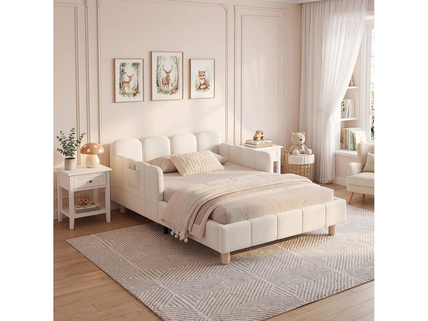 Upholstered children's bed 90x190cm - with upholstered headboard and safety rails - solid wood legs - velvet - beige
