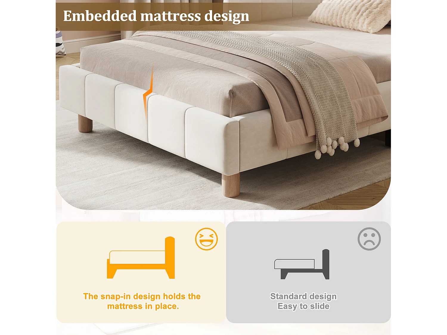 Upholstered children's bed 90x190cm - with upholstered headboard and safety rails - solid wood legs - velvet - beige