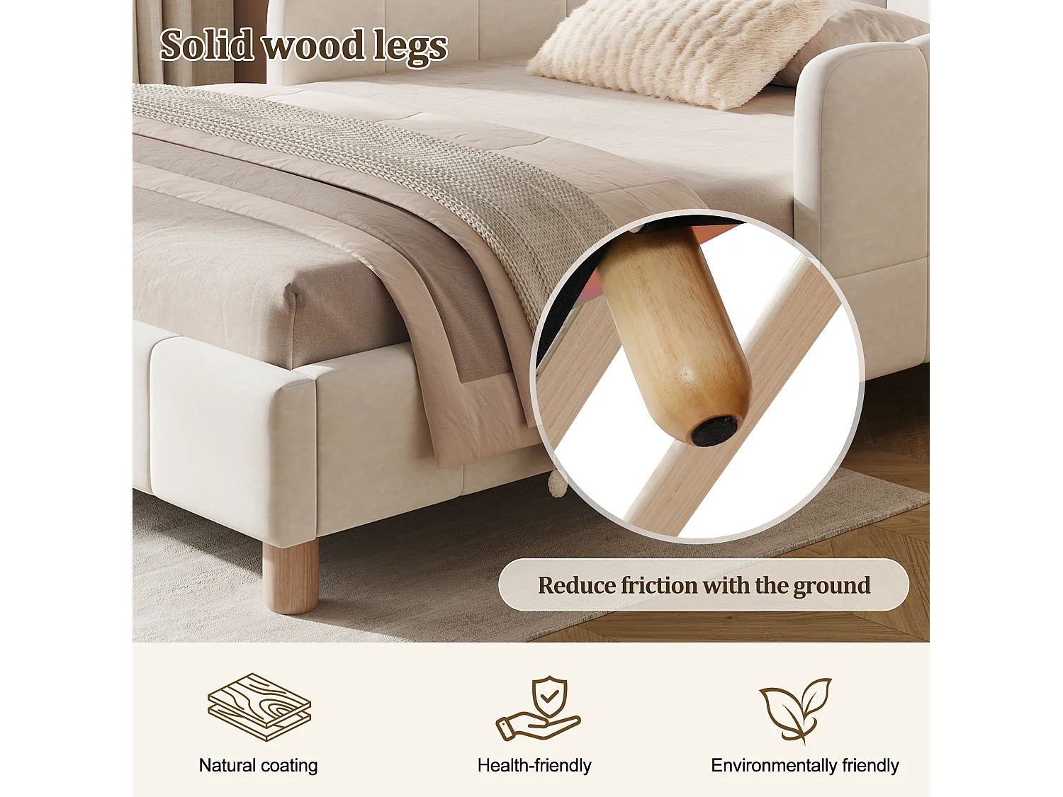 Upholstered children's bed 90x190cm - with upholstered headboard and safety rails - solid wood legs - velvet - beige