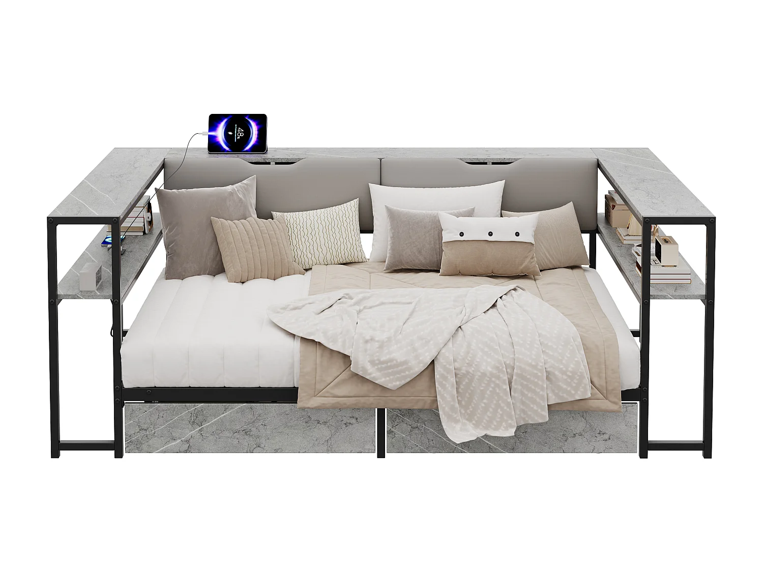 Polstret seng 90x200 cm - USB-port - 2 skuffer og opbevaringsrum - Metalsengeramme med lameller - Grå (uden madras)