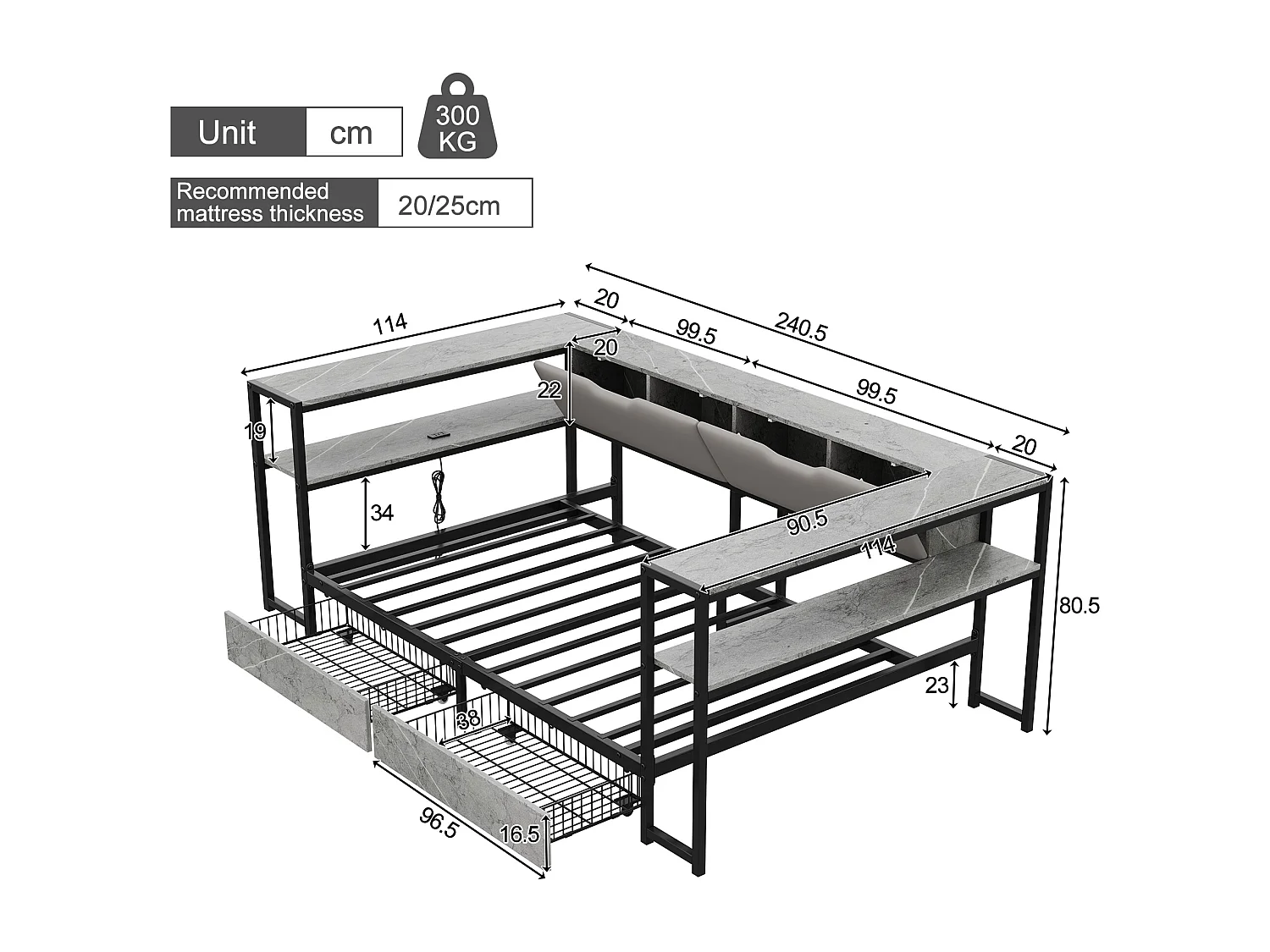 Polstret seng 90x200 cm - USB-port - 2 skuffer og opbevaringsrum - Metalsengeramme med lameller - Grå (uden madras)