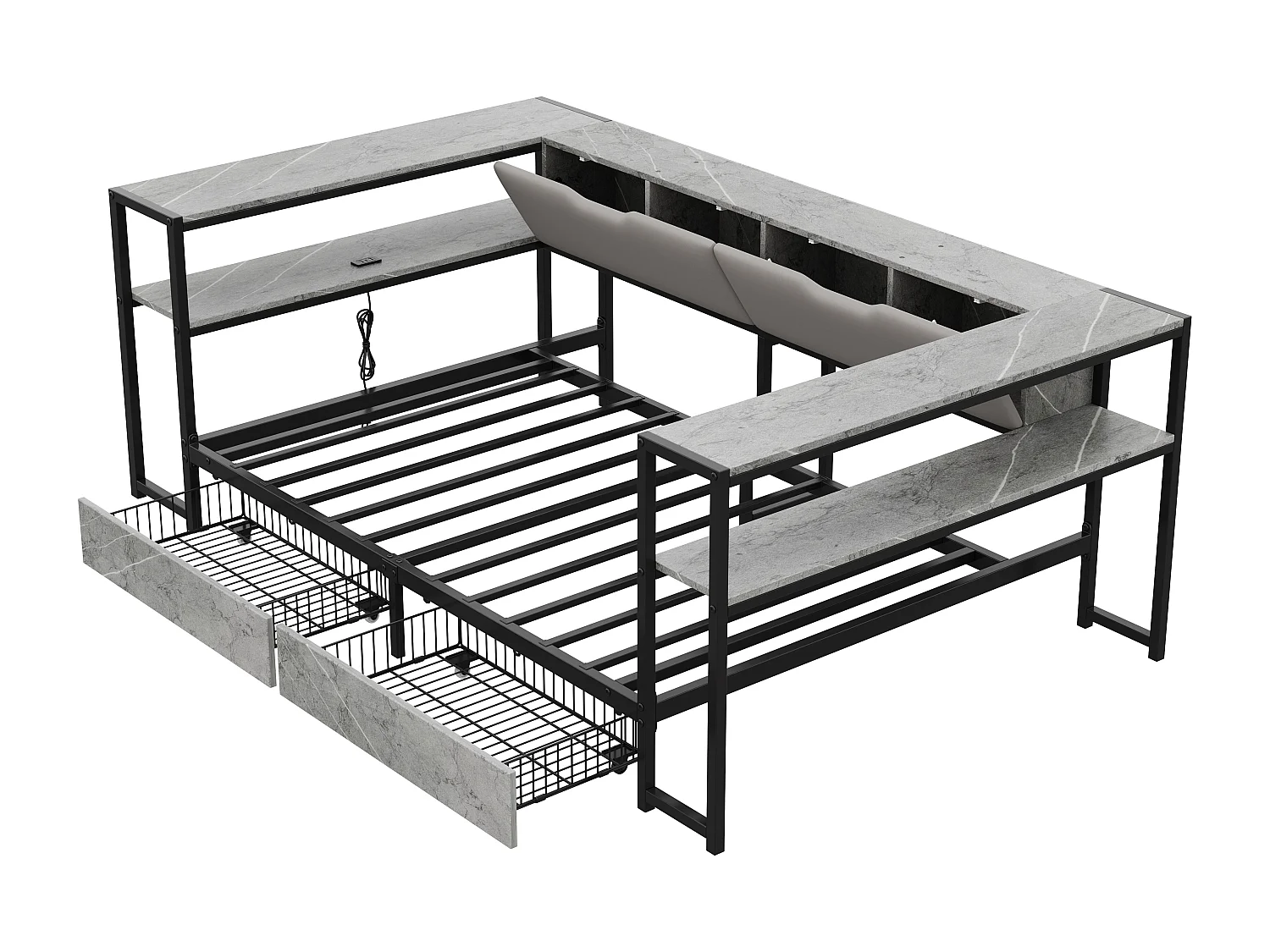 Polstret seng 90x200 cm - USB-port - 2 skuffer og opbevaringsrum - Metalsengeramme med lameller - Grå (uden madras)
