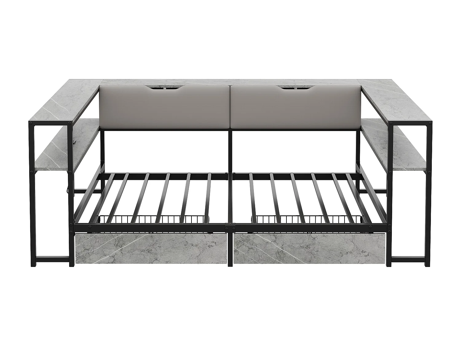 Polstret seng 90x200 cm - USB-port - 2 skuffer og opbevaringsrum - Metalsengeramme med lameller - Grå (uden madras)