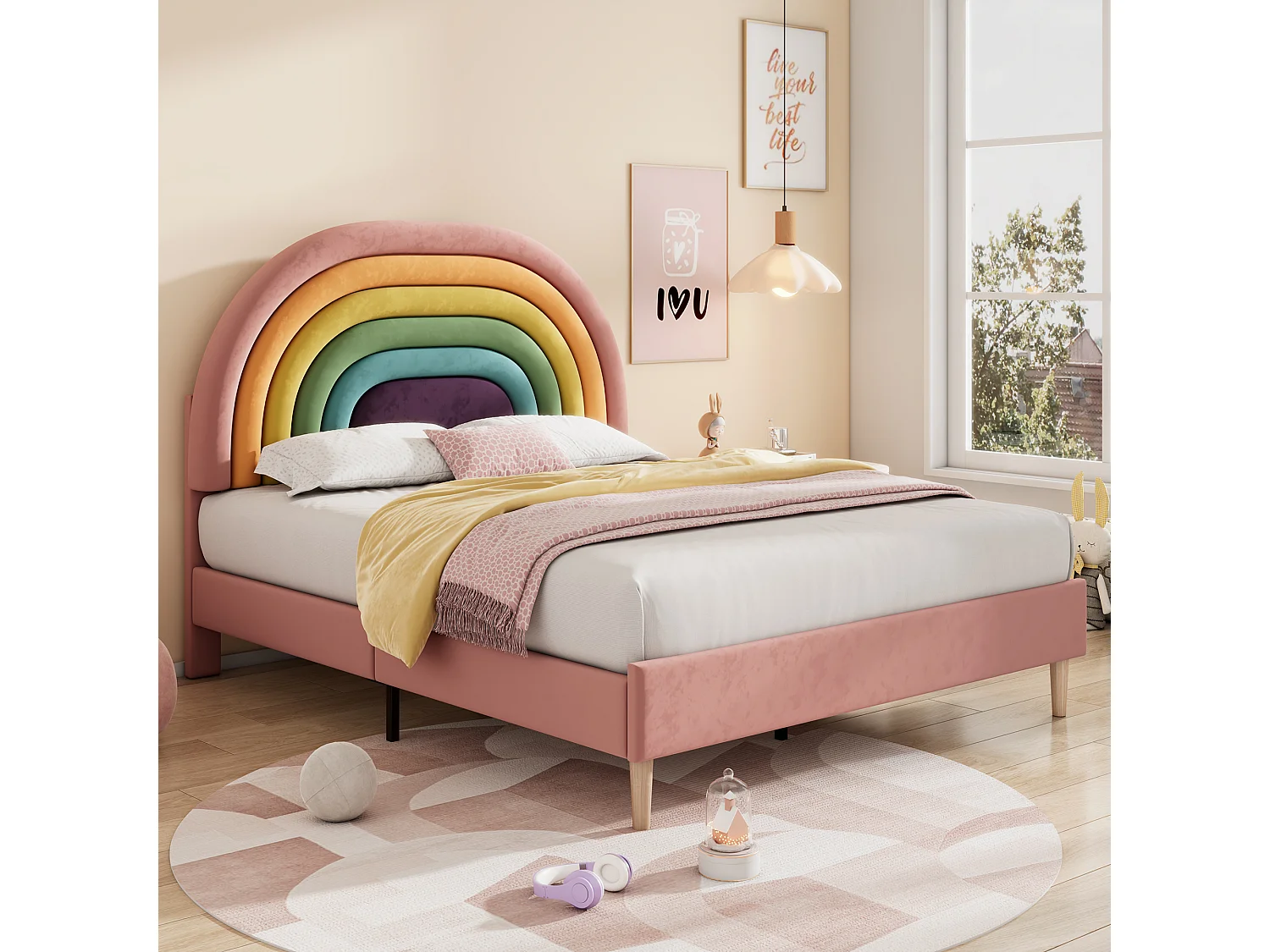 Children's Velvet Bed - 140x200cm - with Adjustable Colorful Headboard - Pink