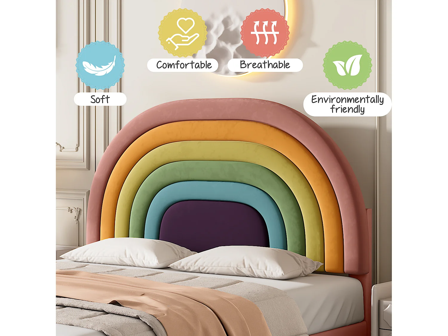 Children's Velvet Bed - 140x200cm - with Adjustable Colorful Headboard - Pink