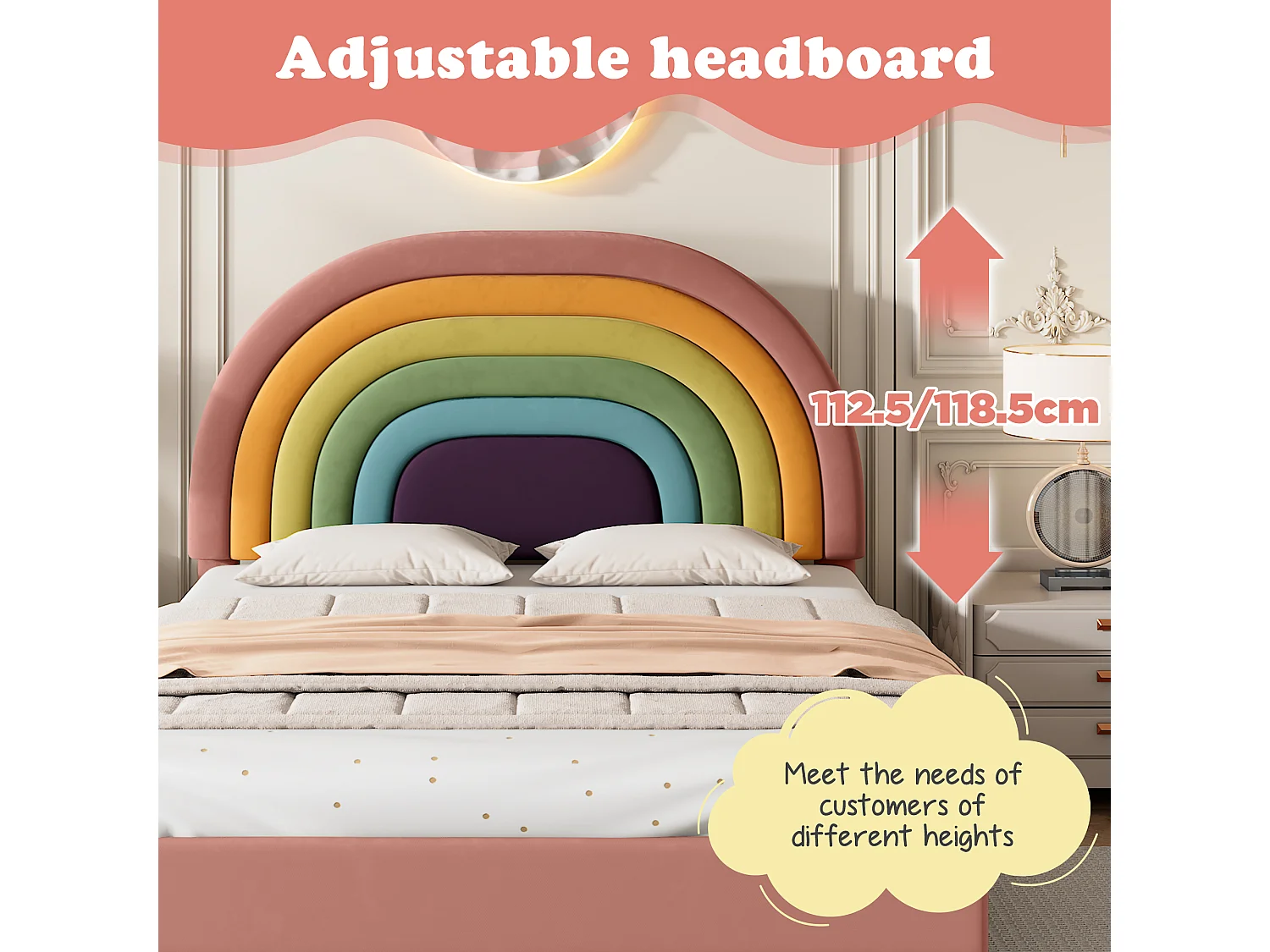 Children's Velvet Bed - 140x200cm - with Adjustable Colorful Headboard - Pink