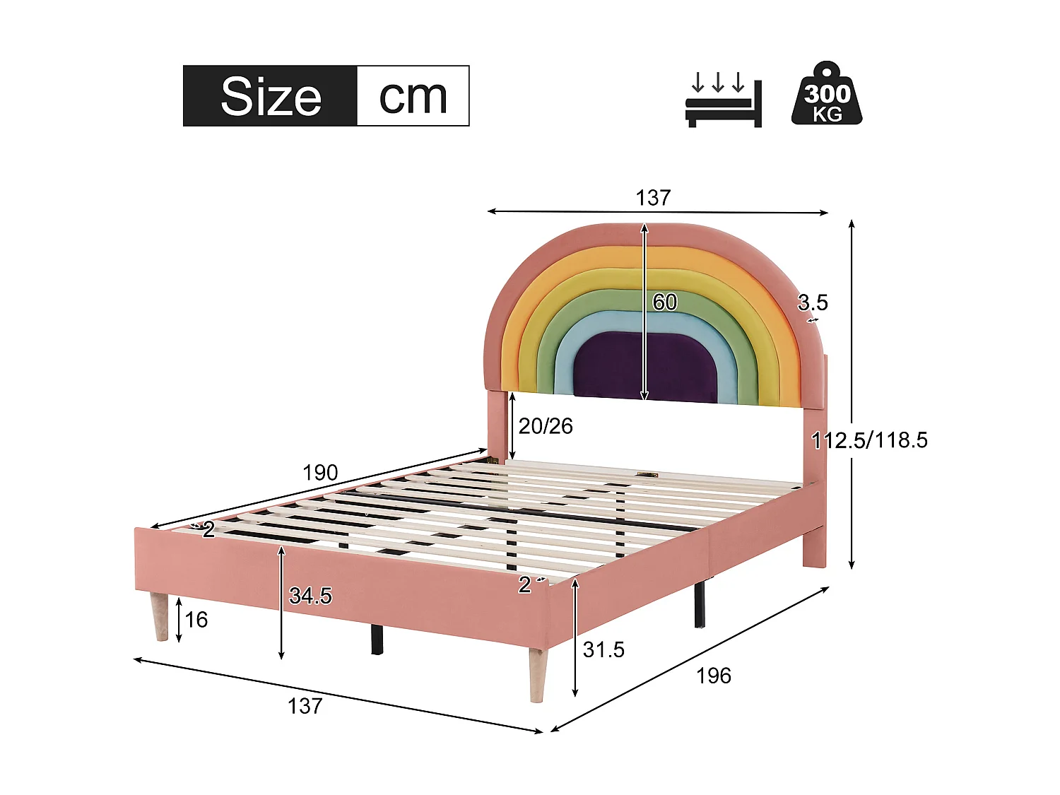Children's Velvet Bed - 140x200cm - with Adjustable Colorful Headboard - Pink