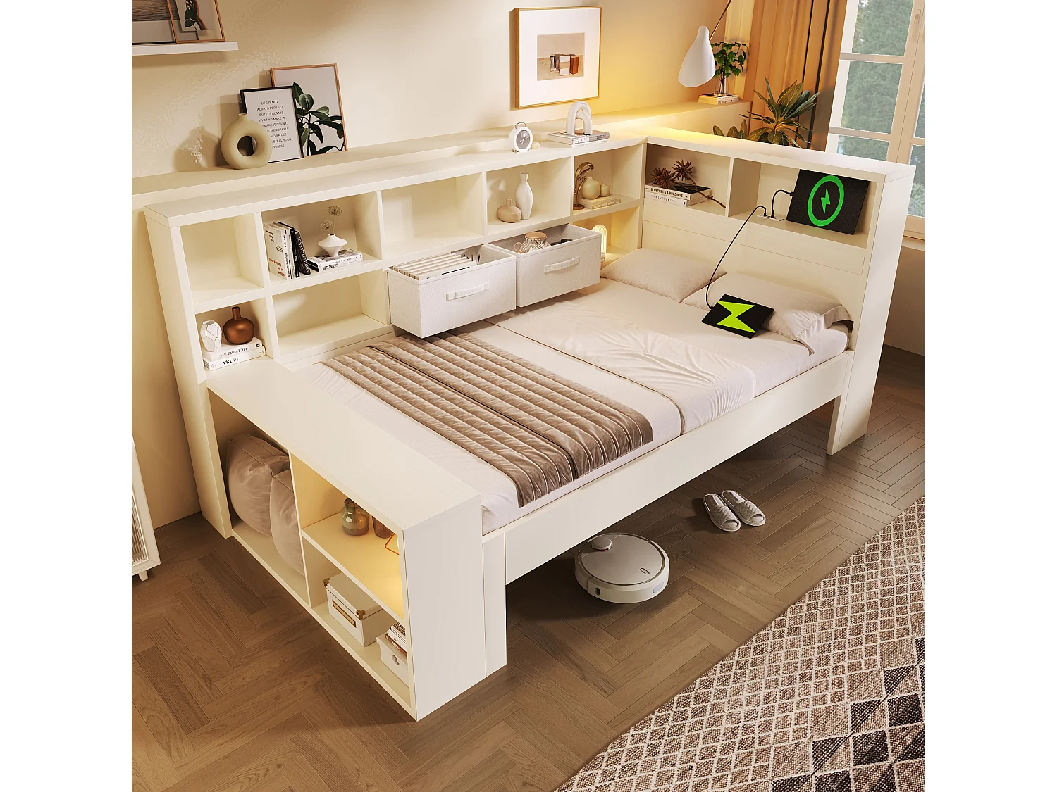 Sofa bed 90x190cm - with pull-out bed - with USB/Type-C - with storage space - solid wood + particleboard - white